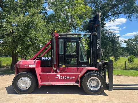 2003 TAYLOR T250M 25000 LB CAPACITY DIESEL FORKLIFT PNEUMATIC 165/180" 2 STAGE MAST SIDE SHIFTING FORK POSITIONER ENCLOSED CAB 11000 HOURS STOCK # BF9531149-TXB