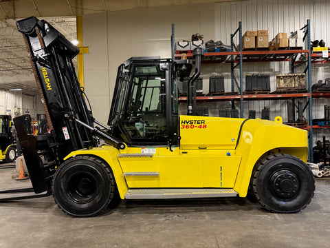2021 HYSTER H360-48D 36000 LB at 48" LOAD CENTER DIESEL FORKLIFT PNEUMATIC 159/181" 2 STAGE MAST SIDE SHIFTING FORK POSITIONER 96" FORKS ENCLOSED CAB WITH HEAT AND AC 1834 ORIGINAL HOURS STOCK # BF91345869-BUF - United Lift LLC