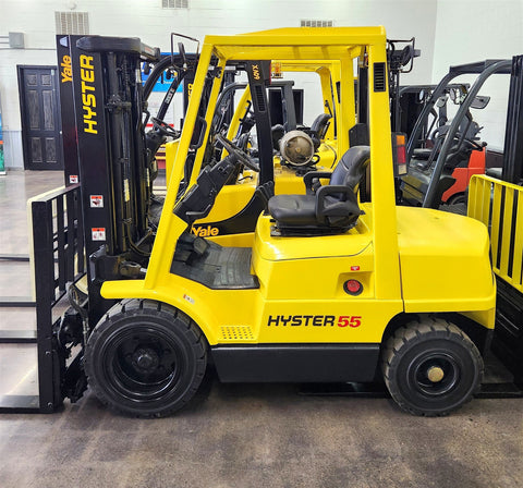 2005 HYSTER H55XM 5000 LB GASOLINE FORKLIFT PNEUMATIC 83/189" 3 STAGE MAST SIDE SHIFTING FORK POSITIONER 5467 HOURS STOCK # BF9151129-NXOH