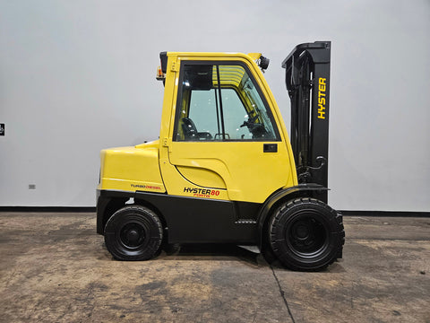 2018 HYSTER H80FT 8000 LB DiESEL FORKLIFT DUAL DRIVE PNEUMATIC 98/143" 2 STAGE MAST SIDE SHIFTER ENCLOSED CAB STOCK # BF9149629-ILE