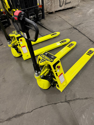 BRAND NEW DEWALT 4400 LB CAPACITY 48" LONG BY 27" WIDE ELECTRIC WALKIE PALLET JACK CUSHION BUILT IN LITHIUM ION 110V CHARGER 1 YEAR WARRANTY STOCK # BF917439-BUF - United Lift LLC
